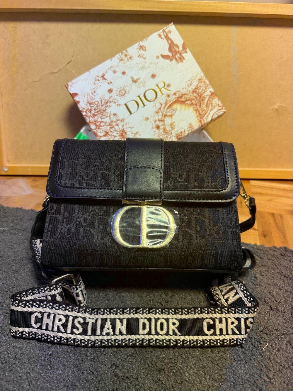 Black Oblique Canvas Crossbody with Logo Strap